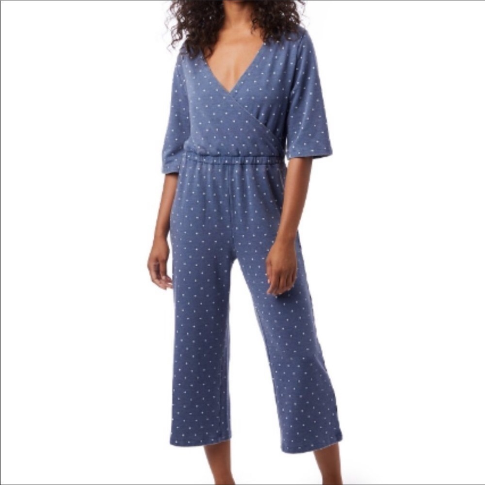 NWT Alternative Bay Blue Pin Dot Piper Cross Front Cropped Jumpsuit L Dots v6x
